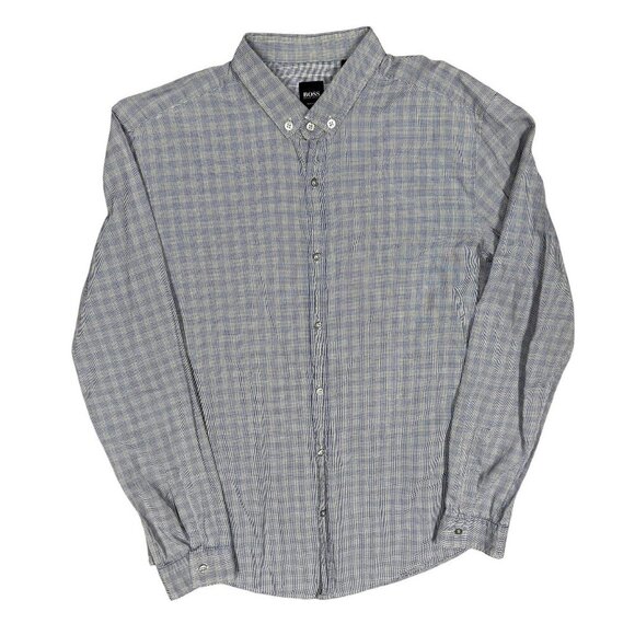 Hugo Boss Slim Fit Peric Long Sleeve Button Down Shirt Check Blue Cotton Large - Picture 1 of 10